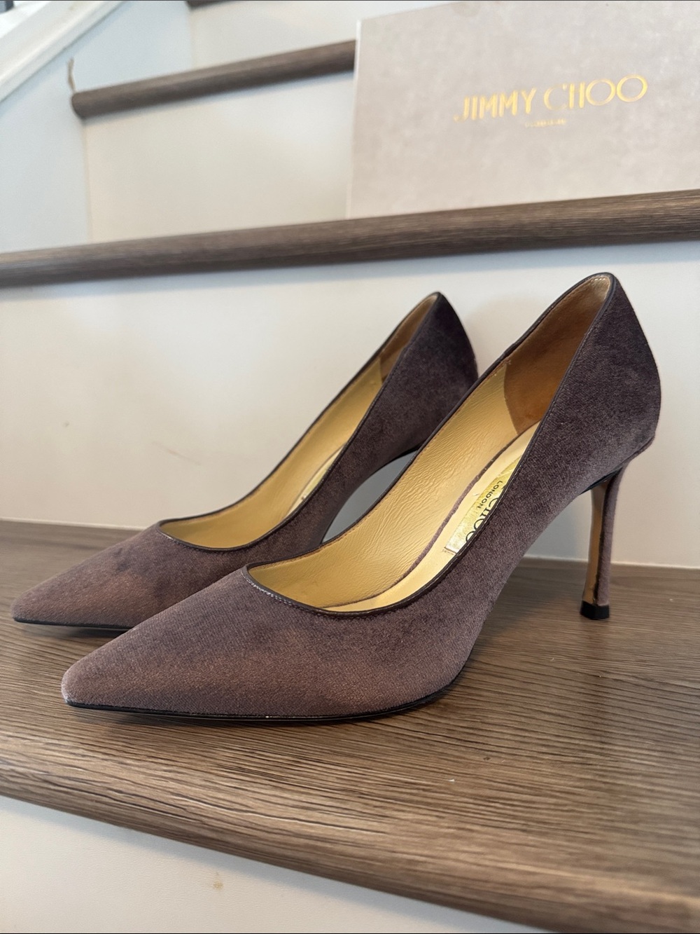 Jimmy Choo Gray Velvet Pointed-Toe Pumps